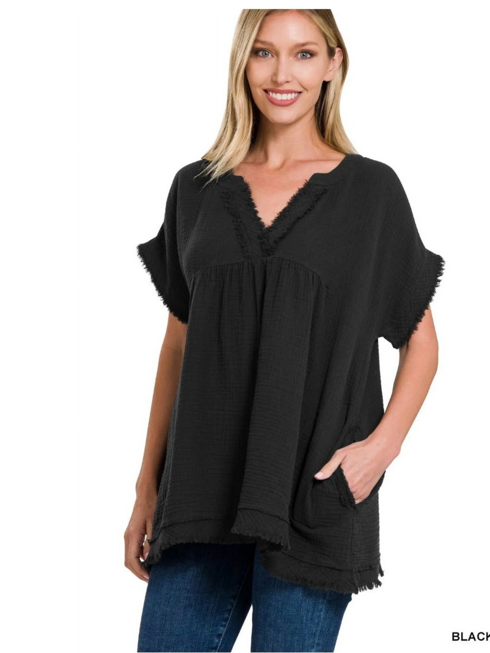 Zenana Outfitters black V-Neck Gauze Tunic